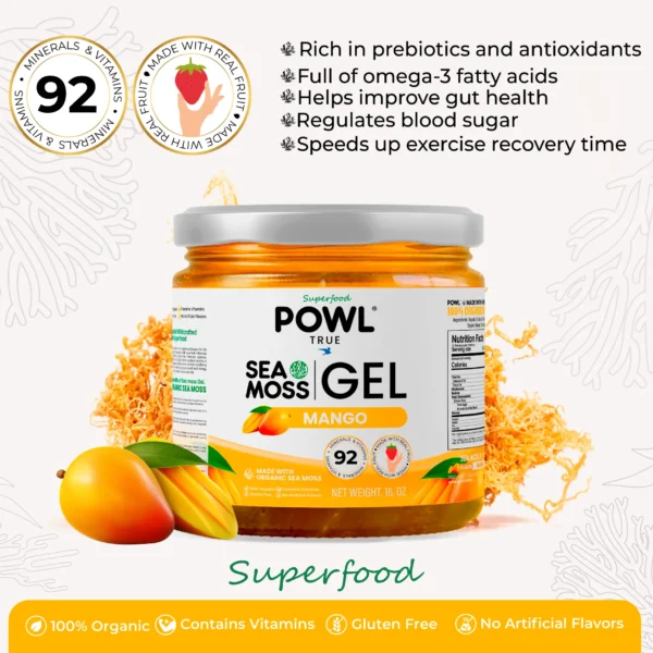 Organic Sea Moss Gel - Wildcrafted Irish Natural Superfood - Mango flavor.